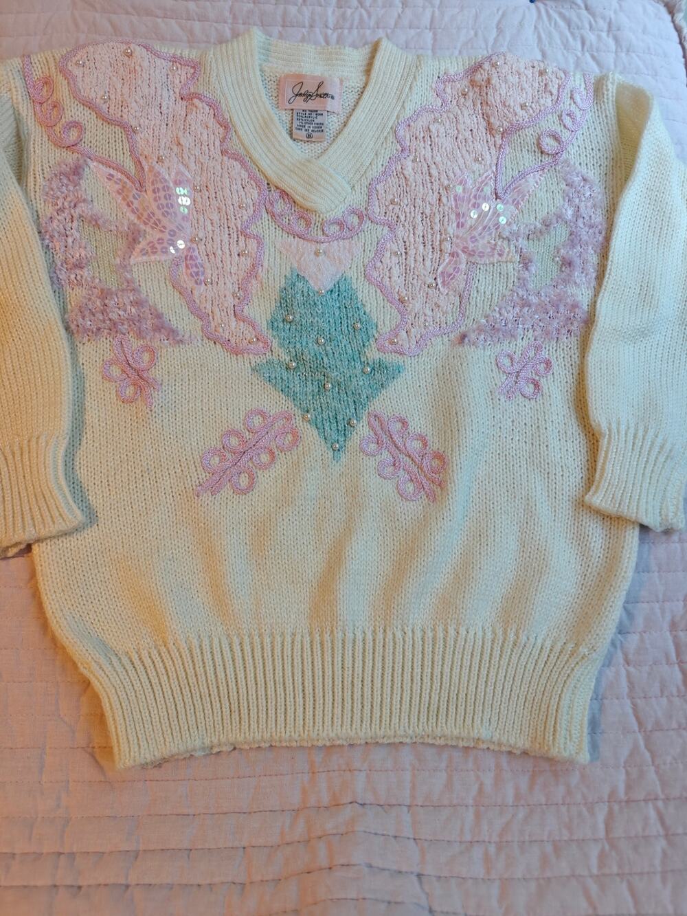 Vintage 80s Jaclyn Smith Pastel Knit Sweater Small Pearl Embellished Metallic